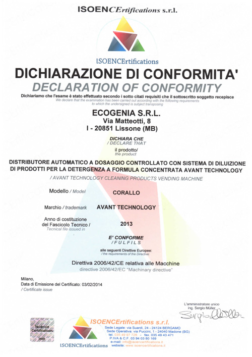 decalration of conformity coral detergency system